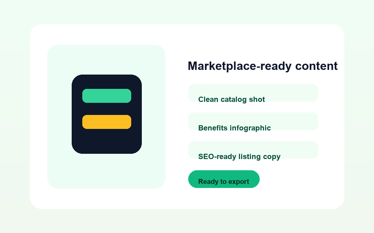 Clean hero shot, specs infographic, lifestyle scene